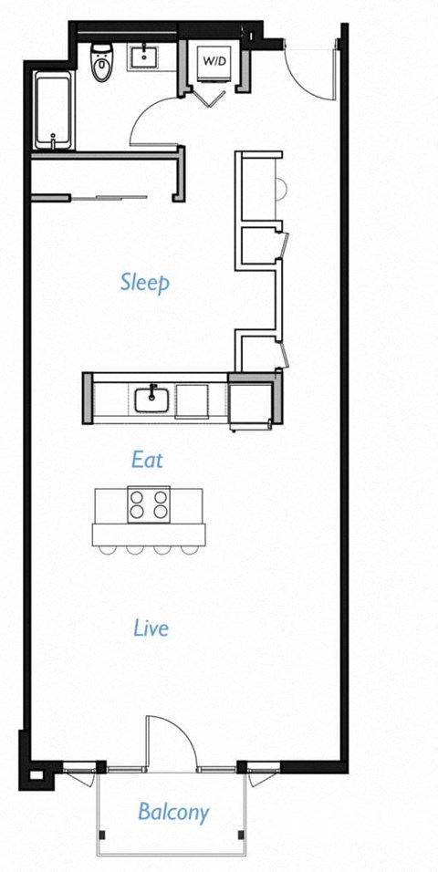 Floor plan for 1 bed, 1 bath, 821 sqft